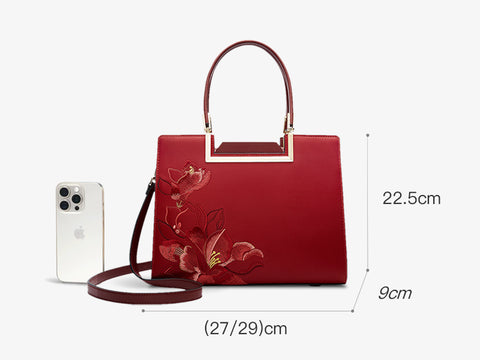 Embroidery Leather Red Tote Bag Magnolia Women