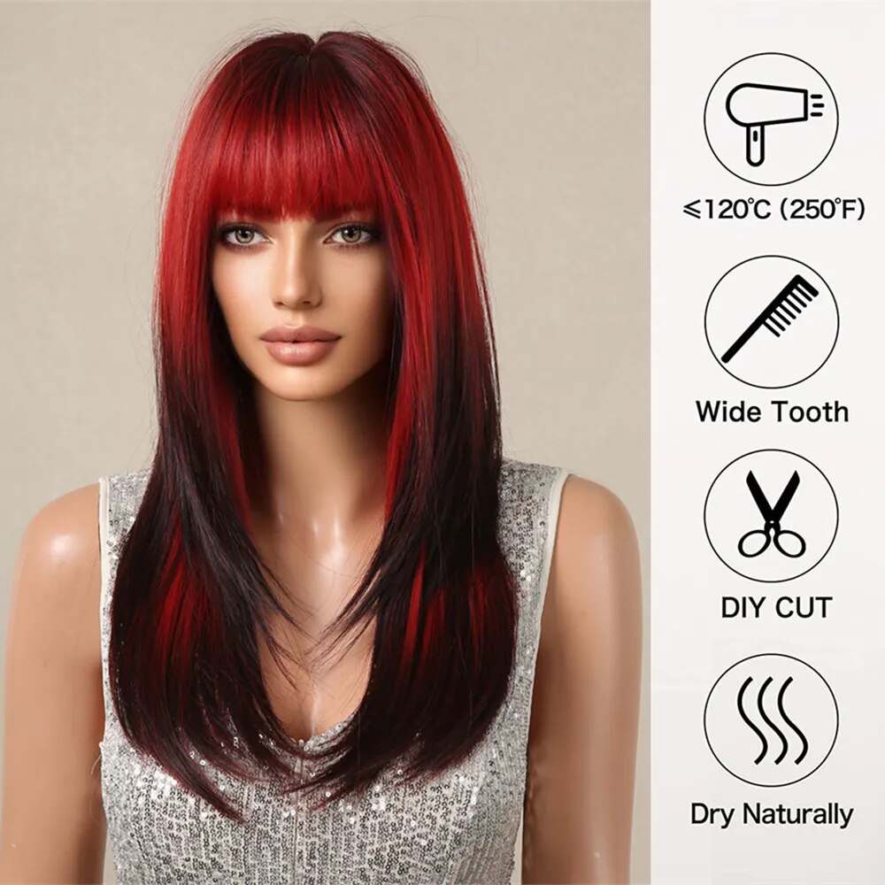 HENRY MARGU Long Straight Layered Wigs With Bangs Ombre Red to Black Wig Heat Resistant Fiber Natural Synthetic Wig for Women