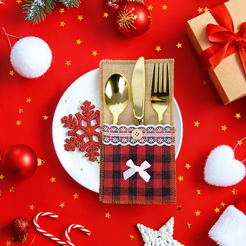 1/2pcs Christmas Fork Knife Cutlery Holder Bag Plaid Linen Pocket Christmas Decor Tableware Cutlery Holder Set Xma Table Decor