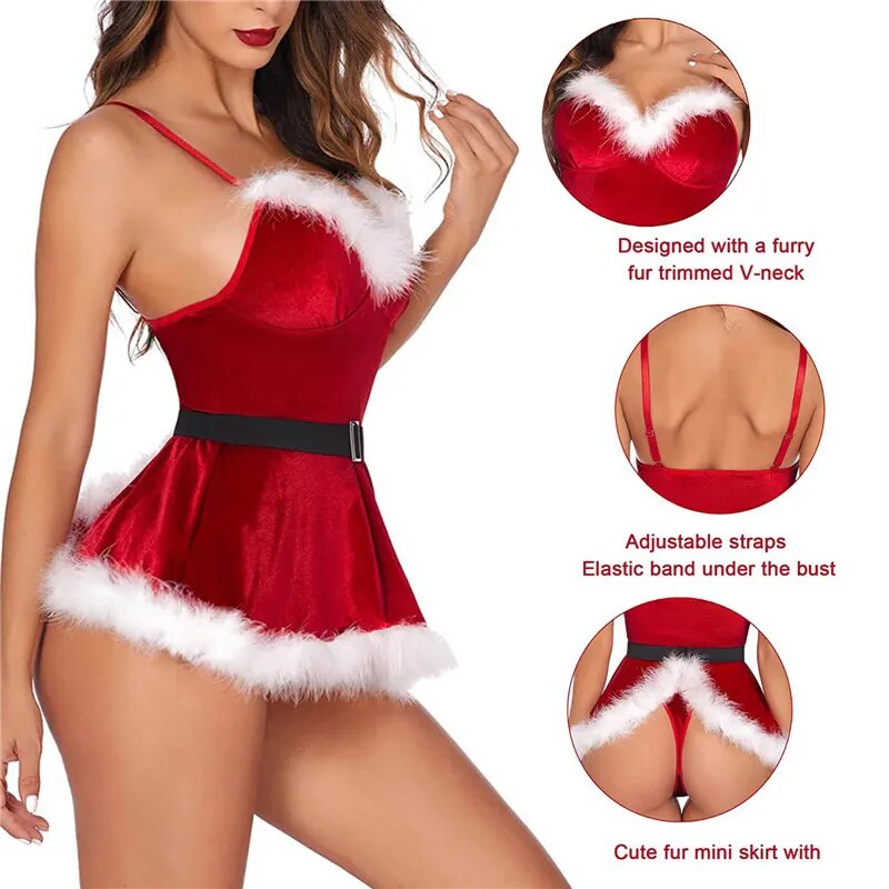 Christmas Erotic Costumes Women Sexy Lingerie Bra Skirt Thong Suit Plush Lace Tops Sex Cosplay Briefs High Waist Sexy Sleepwear