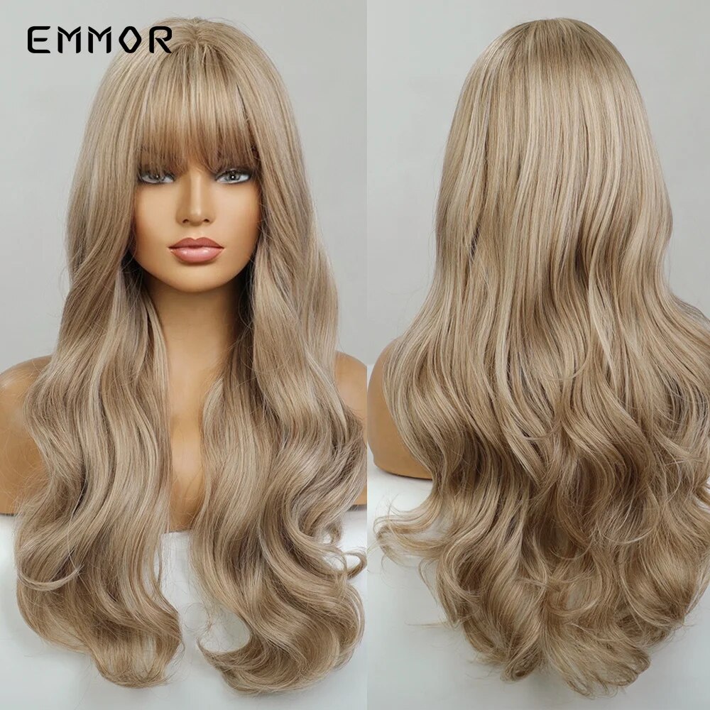Emmor Synthetic Long Blonde Wavy Wigs for Women Hair Soft Natural Light Blond Wig with Bangs Heat Resistant Fiber Hair Wig