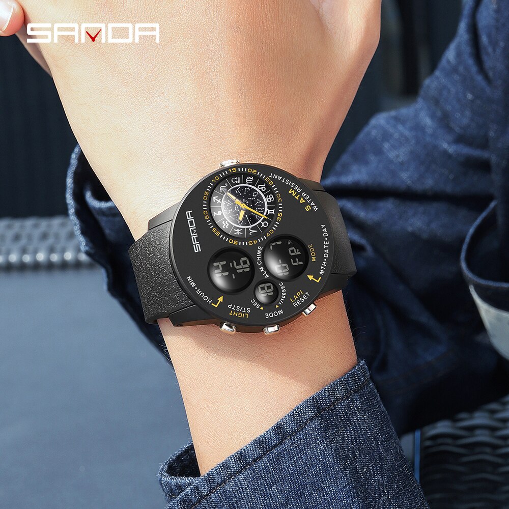 SANDA 2023 Fashion Outdoor Mens Watches Top Brand Military Sports Quartz Watch Dual Display Wristwatch Waterproof Clock 6036