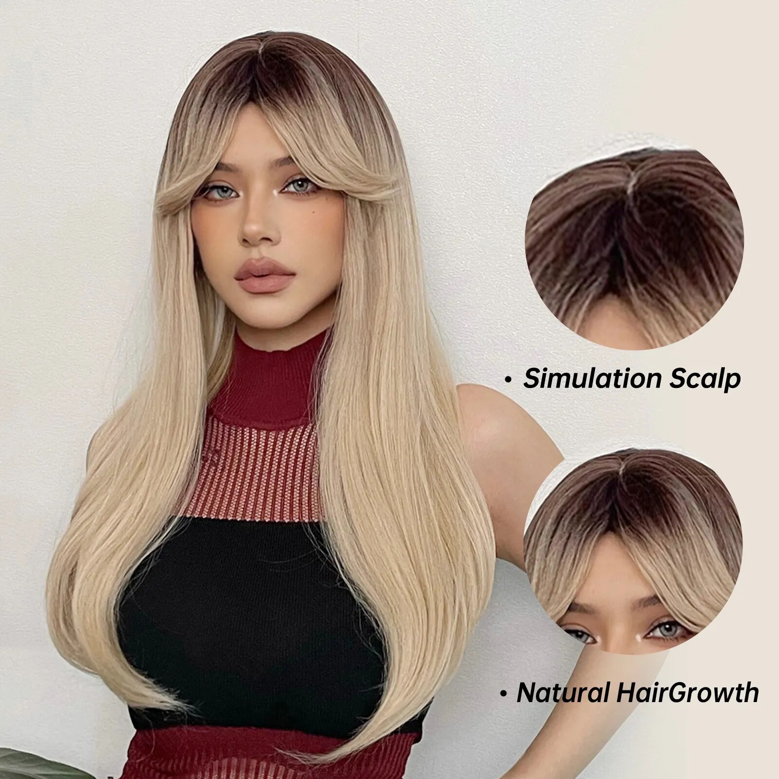 HENRY MARGU Ombre Brown Platinum Blonde Synthetic Wig with Bangs Long Straight Natural Hair Wig for Women Cosplay Heat Resistant