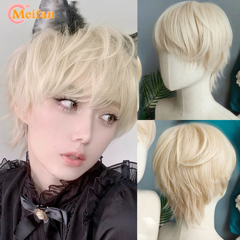 MEIFAN Short Ombre Cosplay Party Synthetic Men Harajuku Lolita Wig Blue Purple Fluffy Halloween Party Women Natural Fake Hair