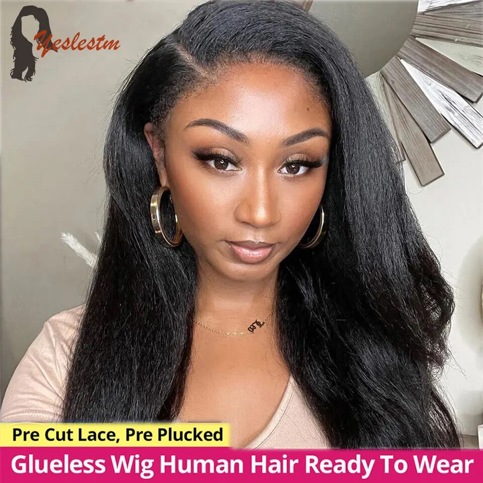 10-34 Kinky Straight Glueless Preplucked Human Hair Lace Front Wig Ready To Go Brazilian Cheap 6x4 4x4 Pre-Cut Lace Closure Wigs