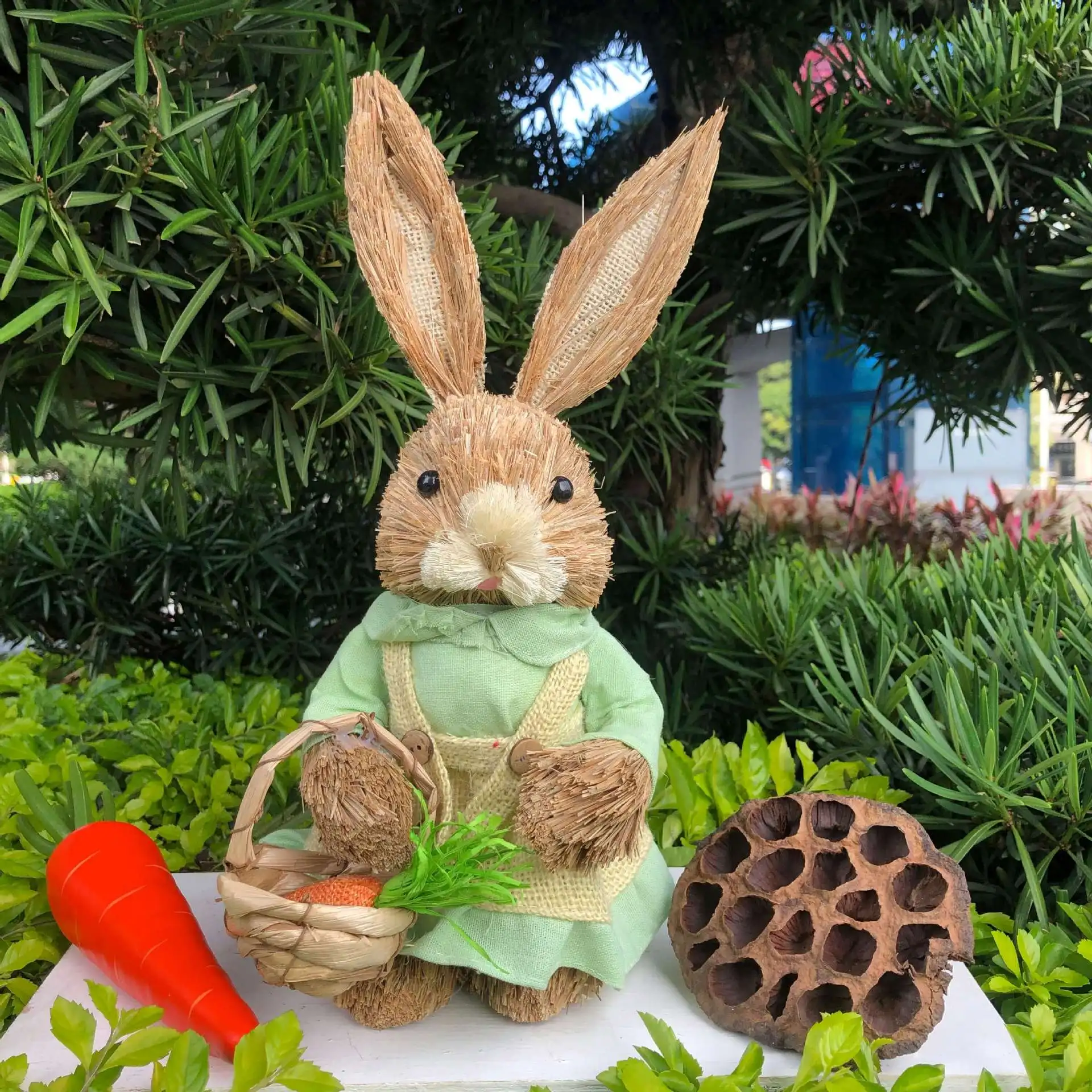 4PCS  Year Easter Straw Easter Rabbit Decoration with Clothes Happy Easter Home Garden Wedding Ornament Photo Props Crafts Bunny