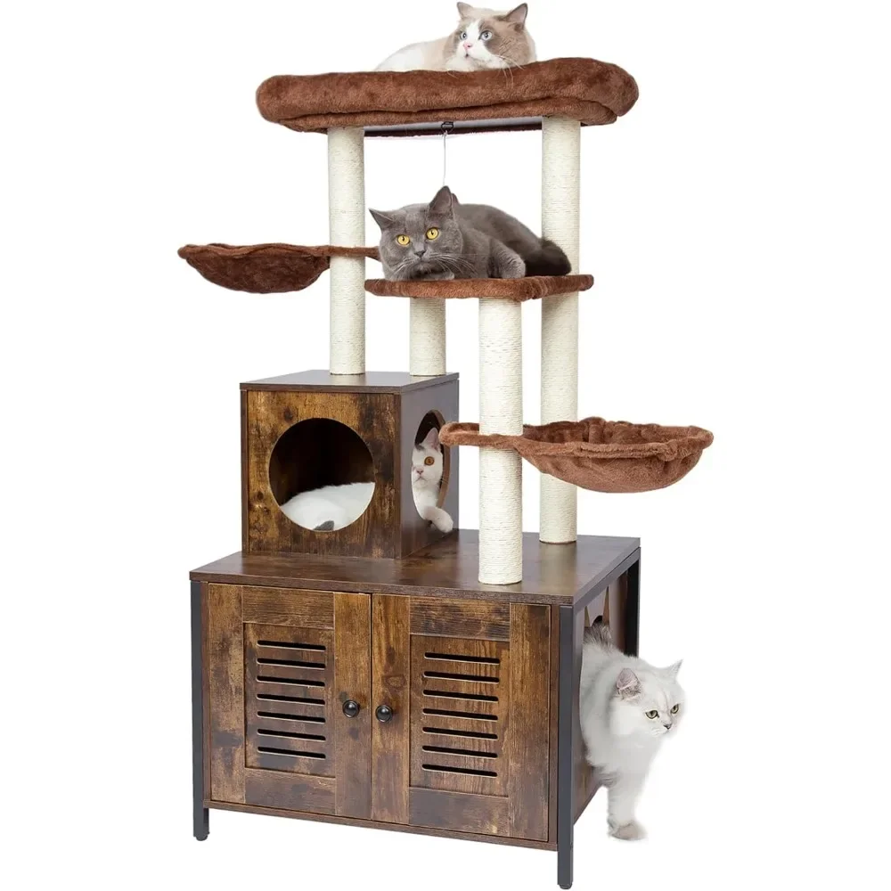 2-in-1 Rustic Cat Tree Tower With Large Plush Perch Platform Hammock and Cat Condo Tree for Cats Trees Supplies Pet Products