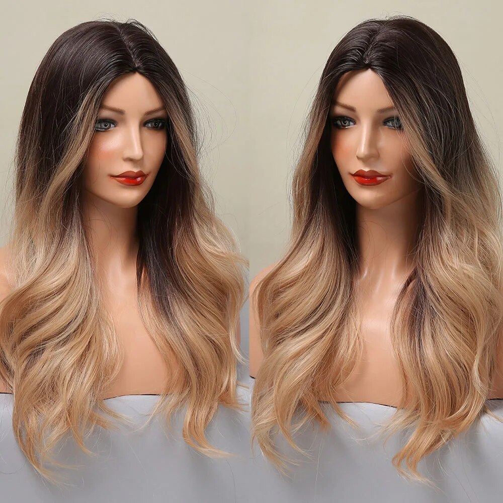 TINY LANA Synthetic Long Ombre Black Brown Blonde Big Loose Wave Wigs For Women Middle Part Cosplay Party Natural Fake Hair