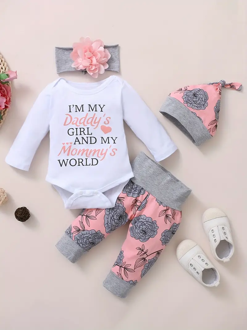 infant baby comfy cute outfit letter graphic romper floral print pants headband set details 13