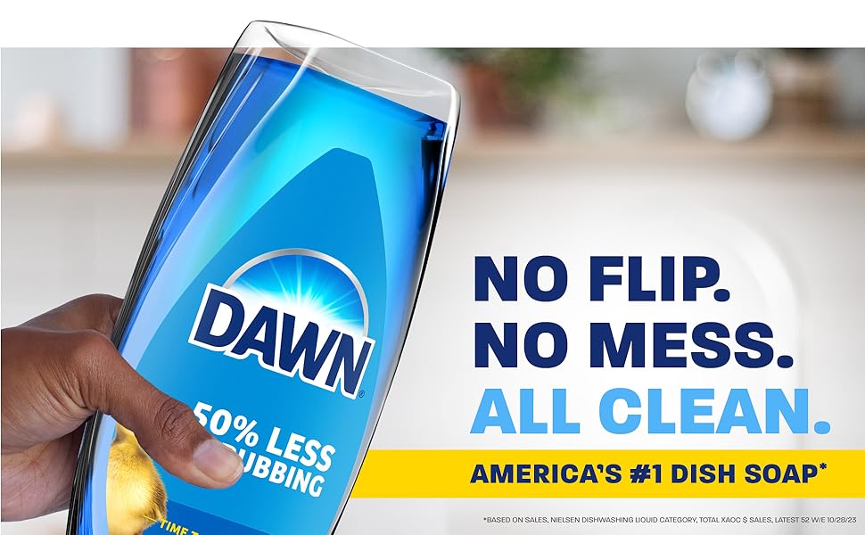 hand holding blue dawn dish soap easy squeeze bottle no flip no mess all clean americas #1 dish soap