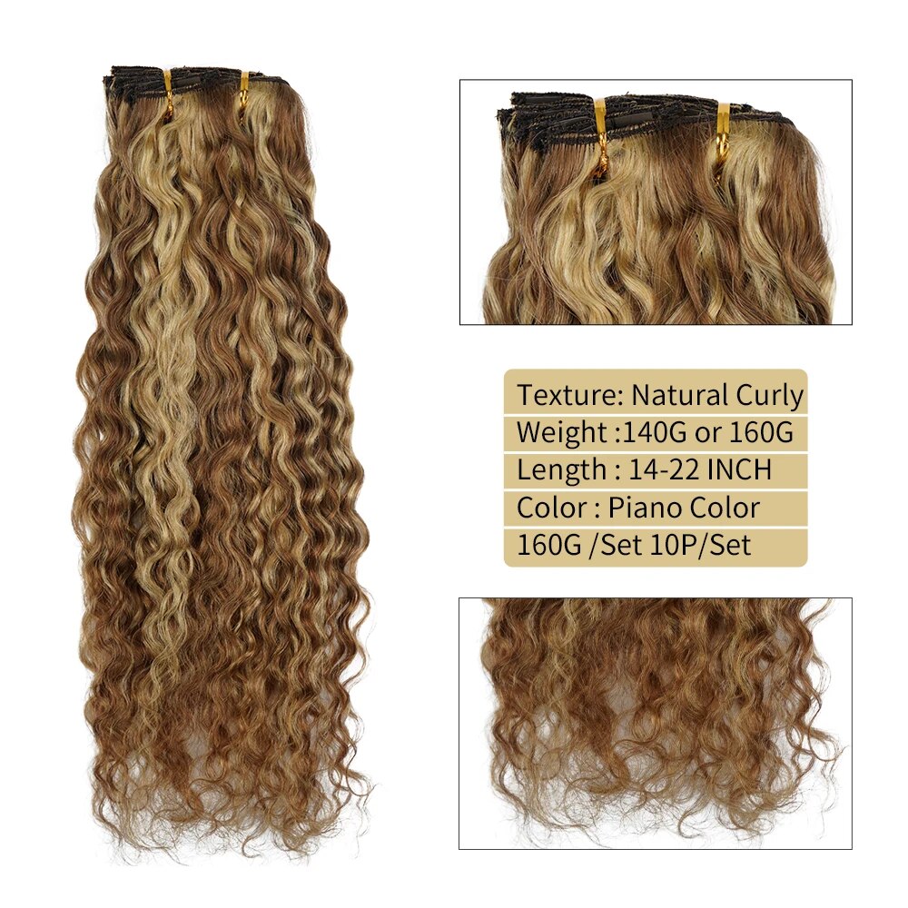 Veravicky 200G/10PCS Set Piano Color Natural Curly Clip In Hair Extensions Machine Made Real Human Hair Full Head Clip Ins