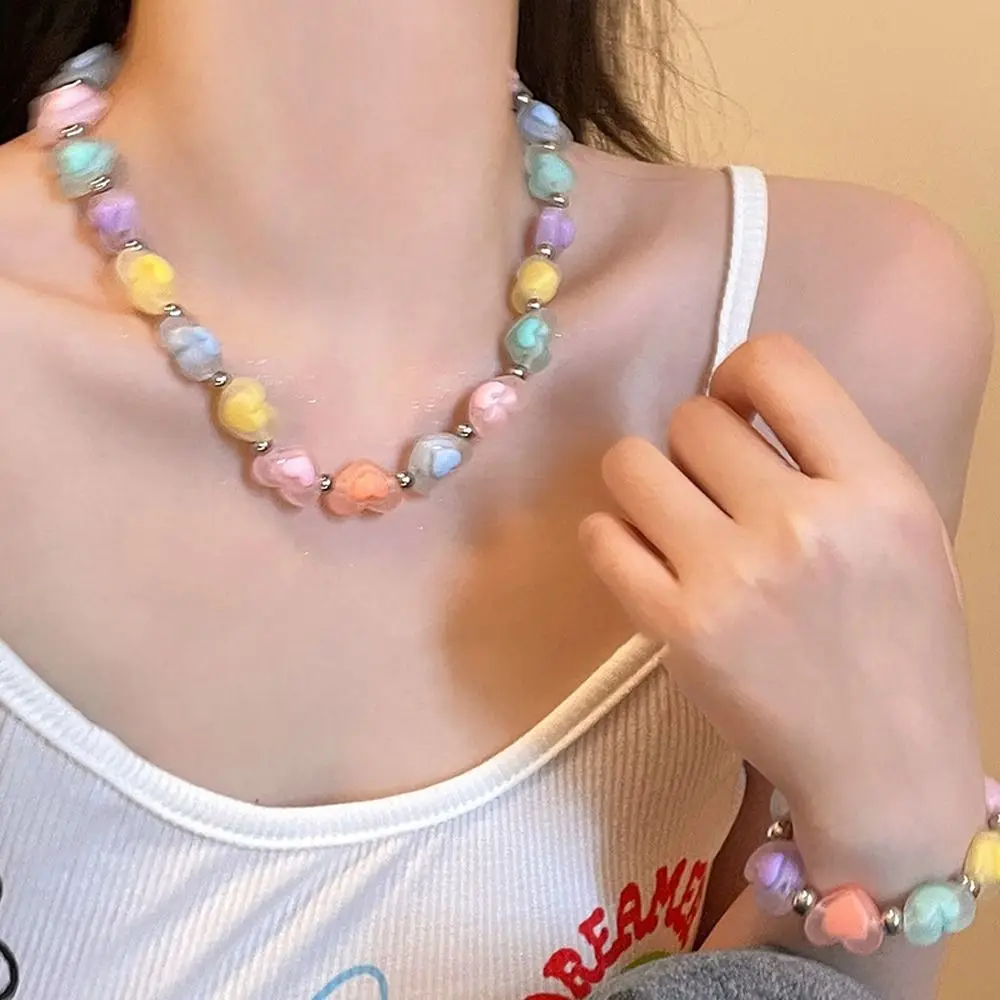 Dopamine Girl Resin Beading Star Heart Necklaces Y2K Colorful Sweet Cool Girl Candy Color Choker Clavicle Chain Jewelry