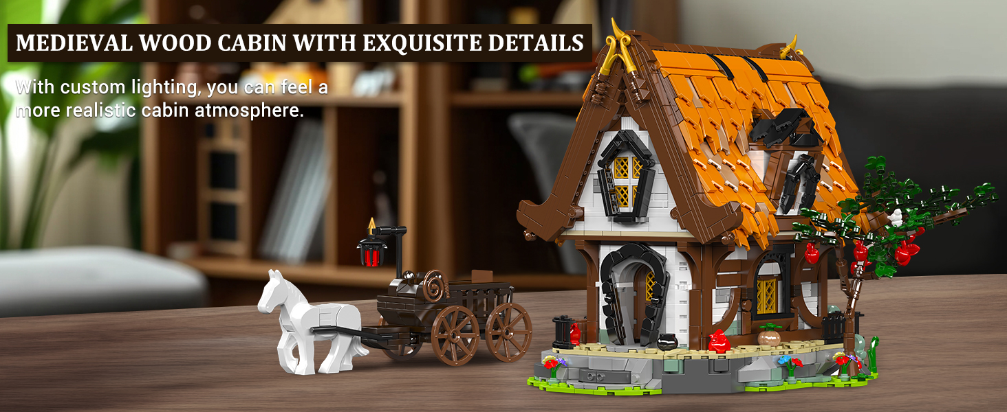 mould king wooden carbin house building blocks with light