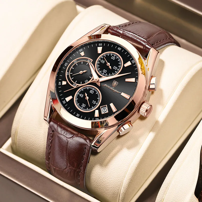POEDAGAR Men Watches Top Brand Luxury Leather Wristwatch Sport Chronograph Waterproof Luminous Quartz Military Watch for Men