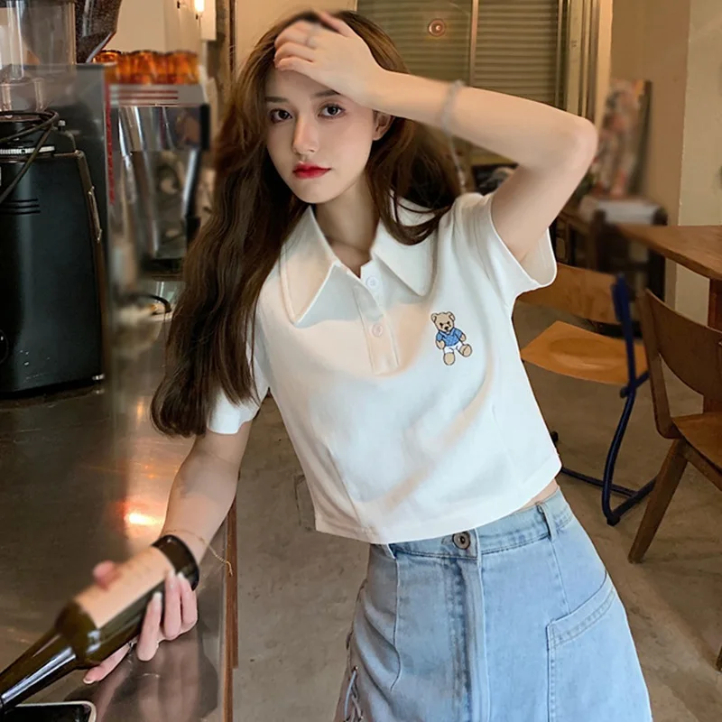 Summer Women'S Loose-Fitting Neck Embroidered Bear Croptop Long-Sleeve T-Shirt Fashion Casual Short Tshirts for Girls Ladies