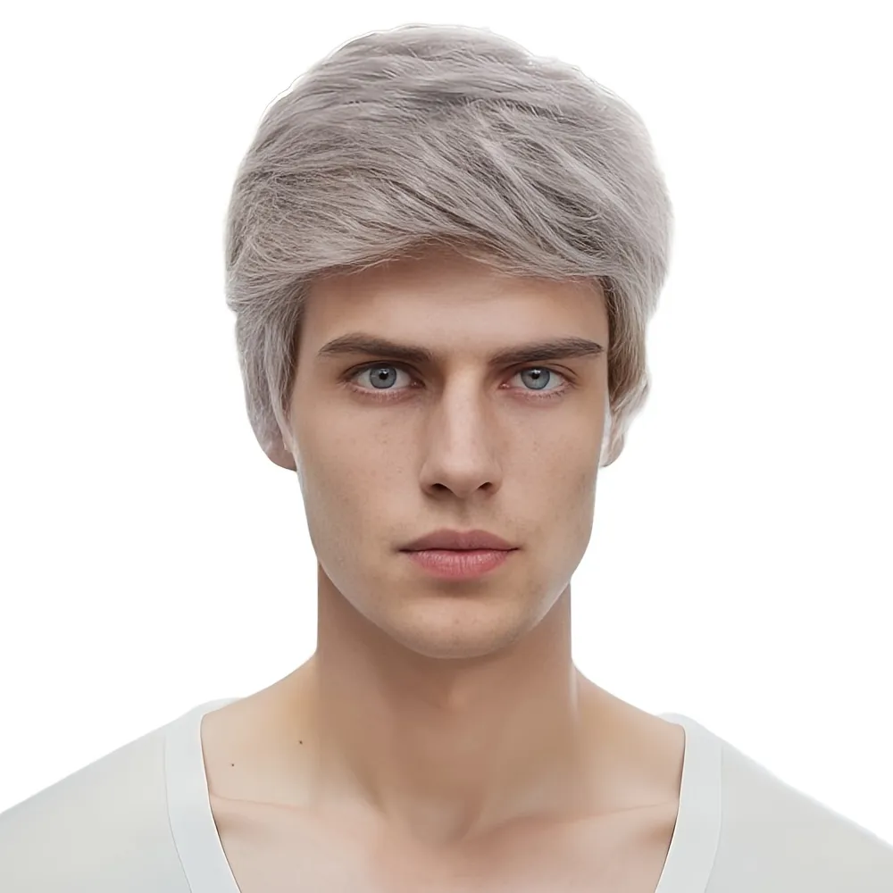 Men's Wigs Short Brown Synthetic Wig with Bangs Curly Fake Hair For Male Cosplay Natural Wig
