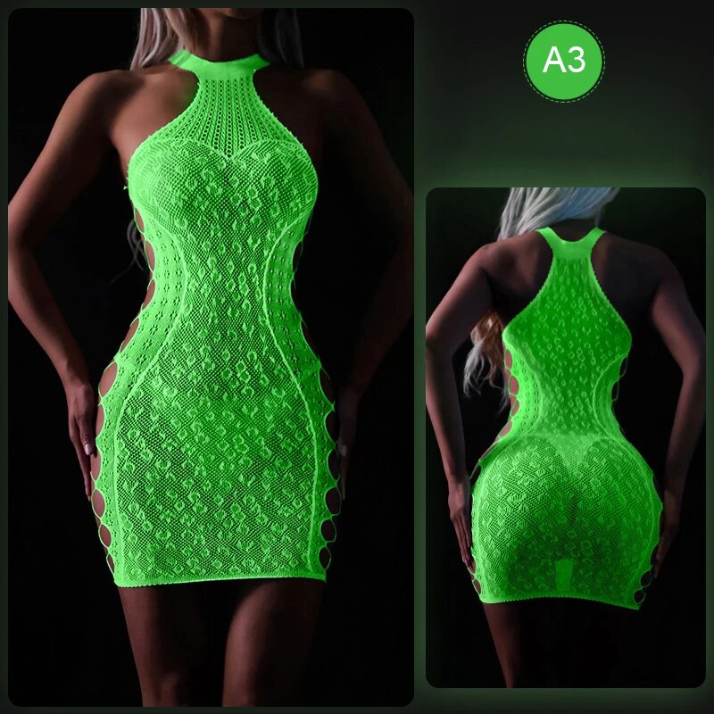 Sexy Women Luminous Bodysuit See Through Hollow Out Net Clothing Exotic Lingerie Mesh Costumes Mesh Dress Underwear Bodysuit New
