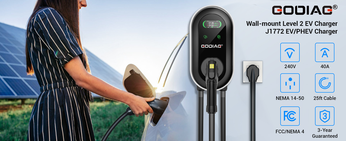 GODIAG Wall-Mount Level 2 EV Charger 40A Black