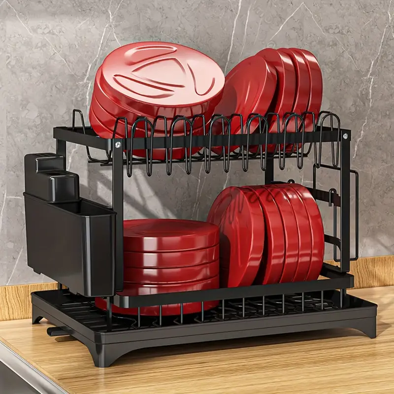 1pc dish drying rack for kitchen counter over the sink detachable larger capacity 2 tier dish drying rack drainboard set with double layer bowl rack cup rack drain board sticky board rack cutlery rack kitchen accessories black white details 7