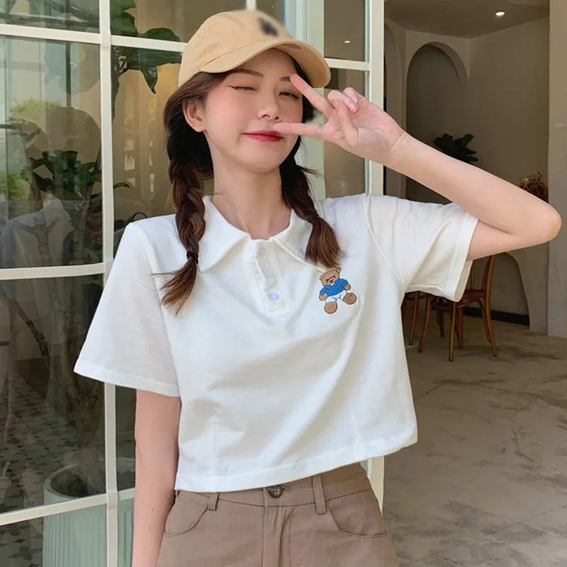 Summer Women'S Loose-Fitting Neck Embroidered Bear Croptop Long-Sleeve T-Shirt Fashion Casual Short Tshirts for Girls Ladies