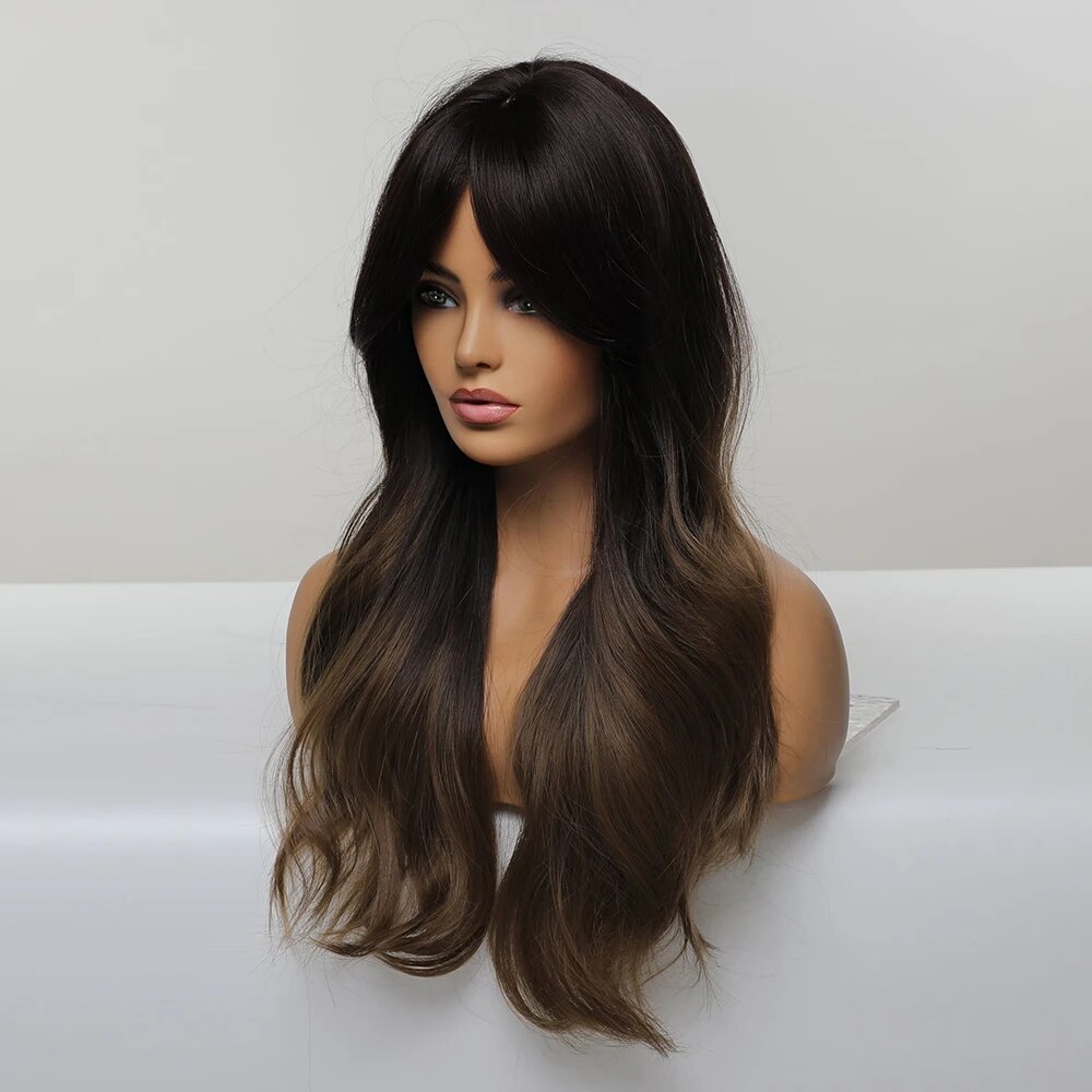 Emmor Synthetic Long Wavy Natural Ombre Brown to Dark Blonde With Bangs Wigs for Women High Temperature Fiber Body Wave Wigs