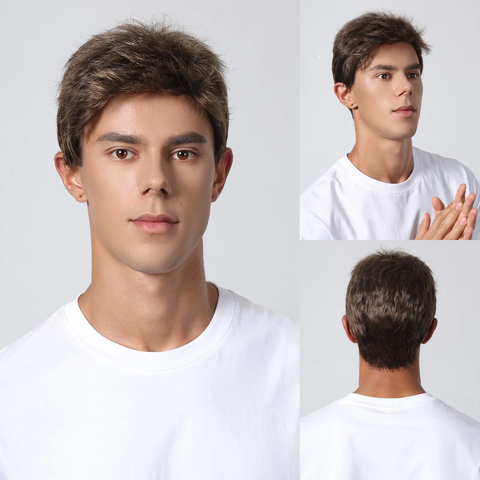 Brown Dark Short Synthetic Wigs Pixie Cut Golden Layered Wig Daily Party Natural Wigs for Men Heat Resistant Fiber Fake Hair