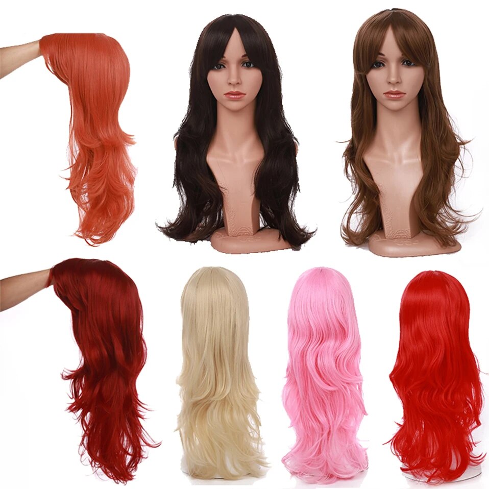 BENEHAIR Loose Wave Wigs Halloween Cosplay Party Women Bangs 23 inch Long Curly Hair Synthetic Wig 28 Colors