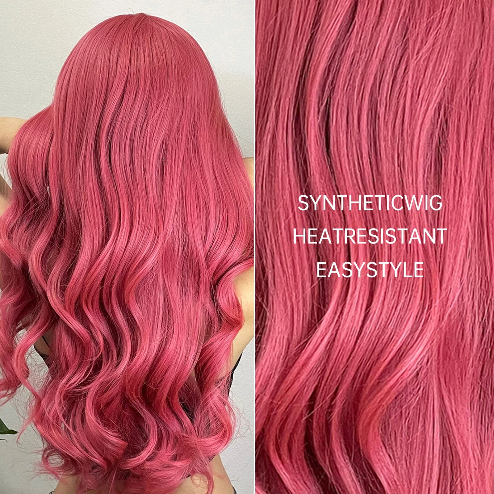 Long Pink Wavy Synthetic Natural Wigs for Women with Bangs Natural Wave Hair Wigs Daily Cosplay Use Lolita Heat Resistant Fiber