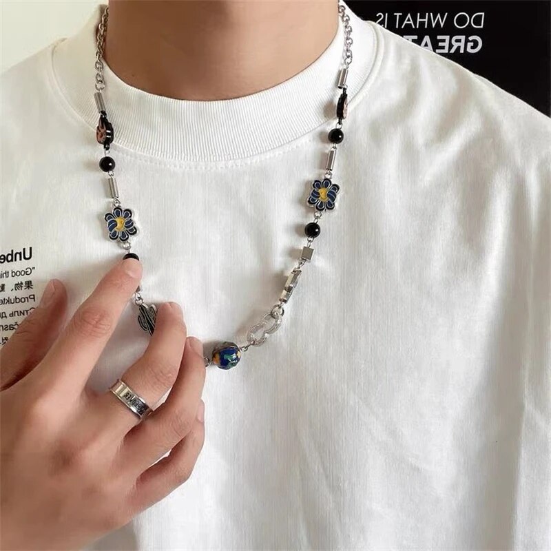 Personality fashion cactus Planet necklace for men and women niche design hip hop titanium steel long sweater chain choker