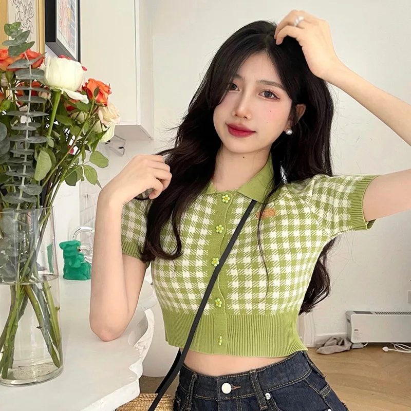 Women's Short Sleeves Cardigan Single-breasted Lapel Short Knitted T-shirt