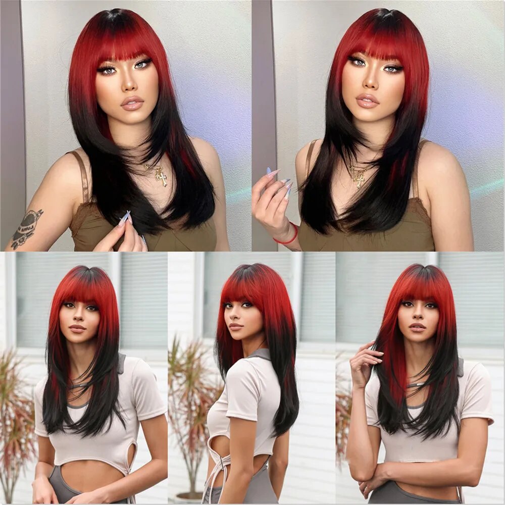 Ombre Red to Black Synthetic Hair Wigs with Bangs Long Layered Straight Wig Colored Party Costume Heat Resistant Hair for Women