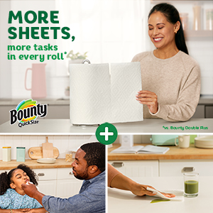 Woman taking a Bounty paper towel sheet. Text reads &#34;More Sheets, more tasks in every roll.&#34;