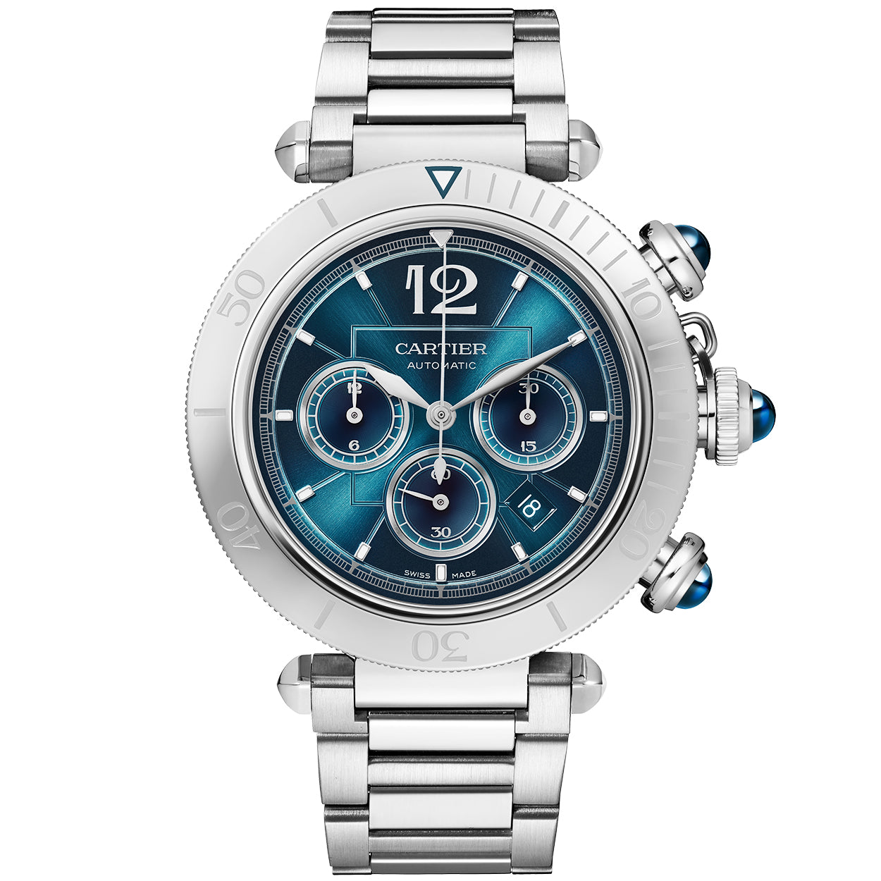 Pasha de Cartier 41mm Blue Dial Bracelet Strap Chronograph Watch