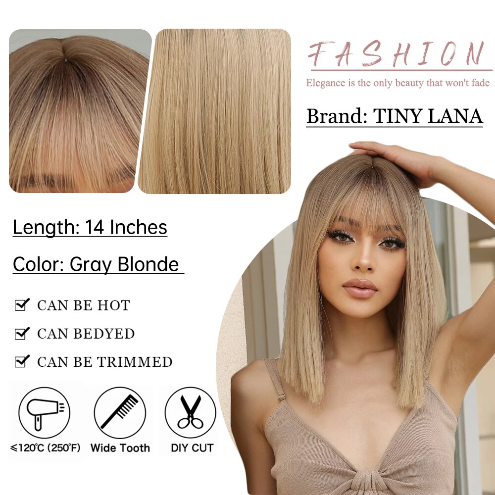 Short Straight Bob Gray Ash Blonde Synthetic Wigs with Bangs Natural Blunt Cut Hair Wig for White Women Daily Heat Resistant