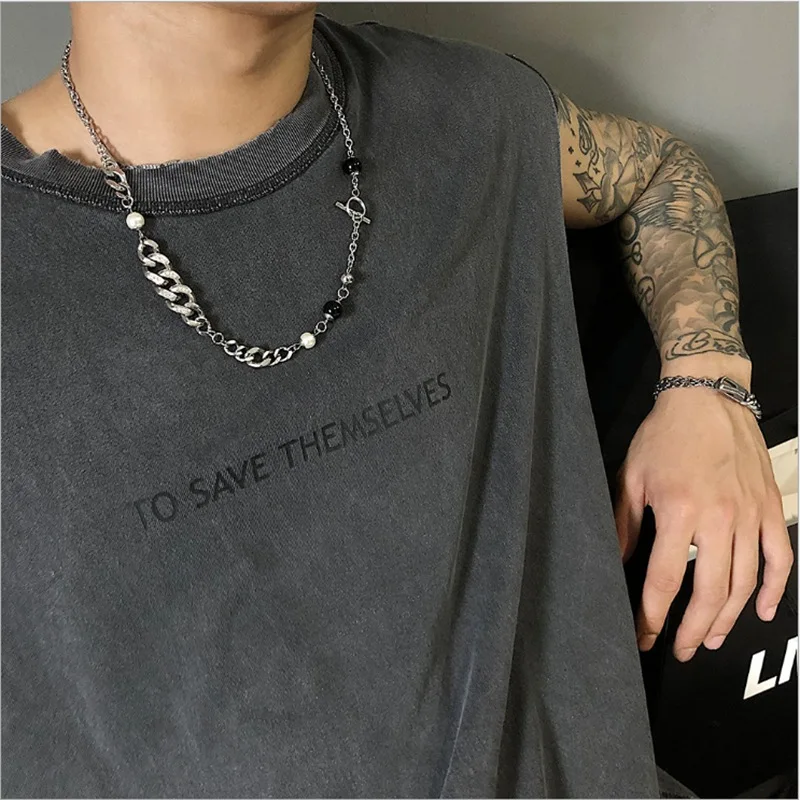 Hip hop chain panels, creative design flat buckle beads, stainless steel couple necklace