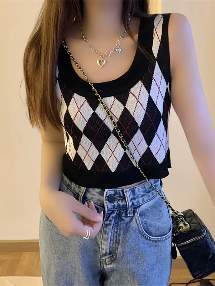 HELIAR Women Plaid Tank Tops Backless Cute Camis Female Crop Tops Knitted Tops Women Crop Tank Tops 2023 Summer