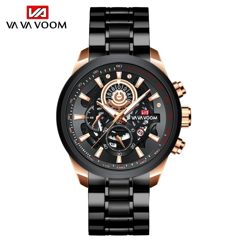 VAVA VOOM Business Mans Watches Quartz Watch Luxury Men's Wrist Watch Black Gold Stainless Steel Case Waterproof Wristwatch