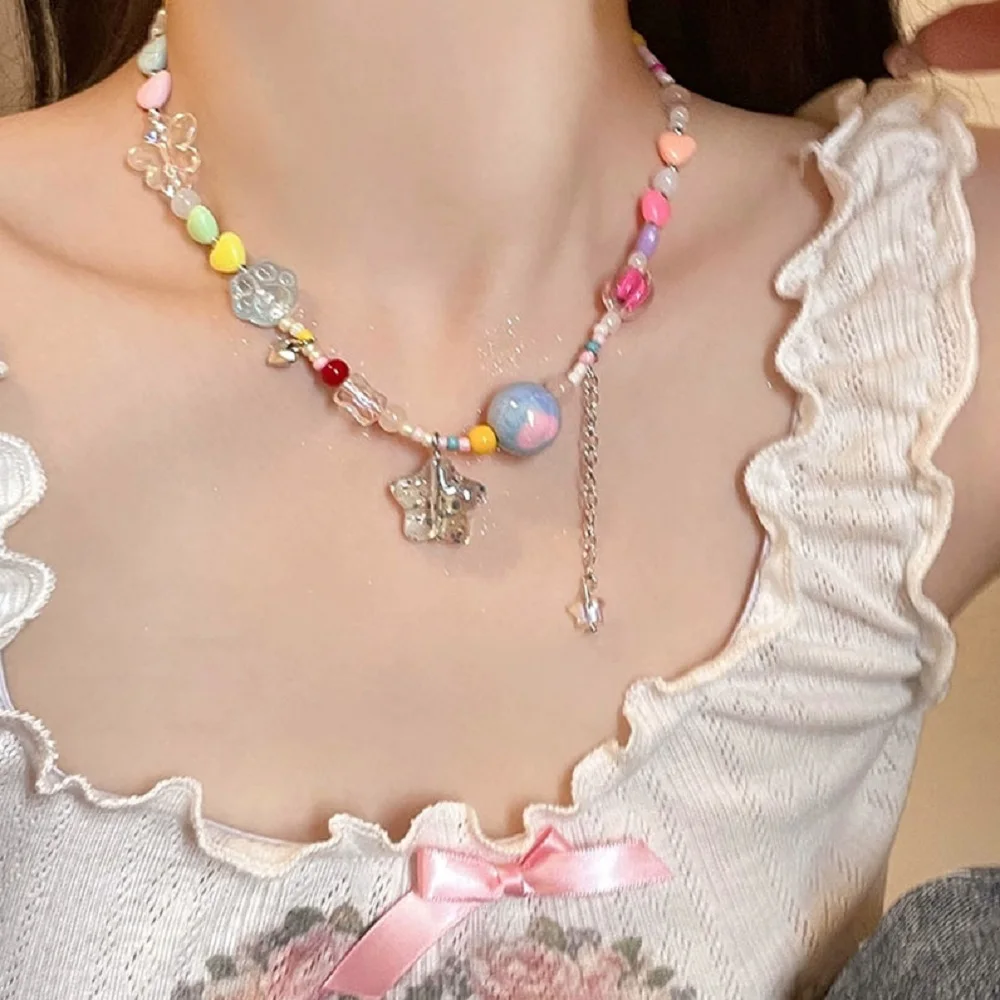 Dopamine Girl Resin Beading Star Heart Necklaces Y2K Colorful Sweet Cool Girl Candy Color Choker Clavicle Chain Jewelry