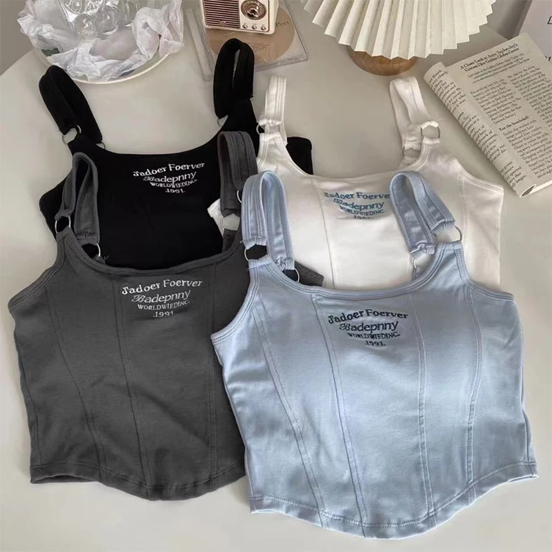 Summer Sleeveless 90s 00s Vintage Clothes Y2K Women Tops Crop Top Letter Tank Tops With Pad Camisole Female Sexy T-shirt Vest