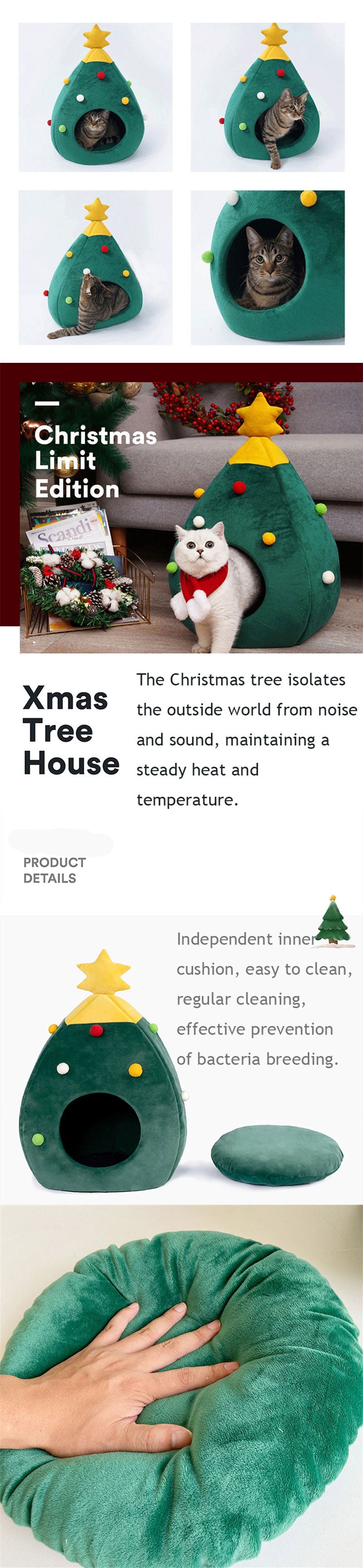 Christmas Tree Shape Cat Bed House Green Pet Nest Cave Tent