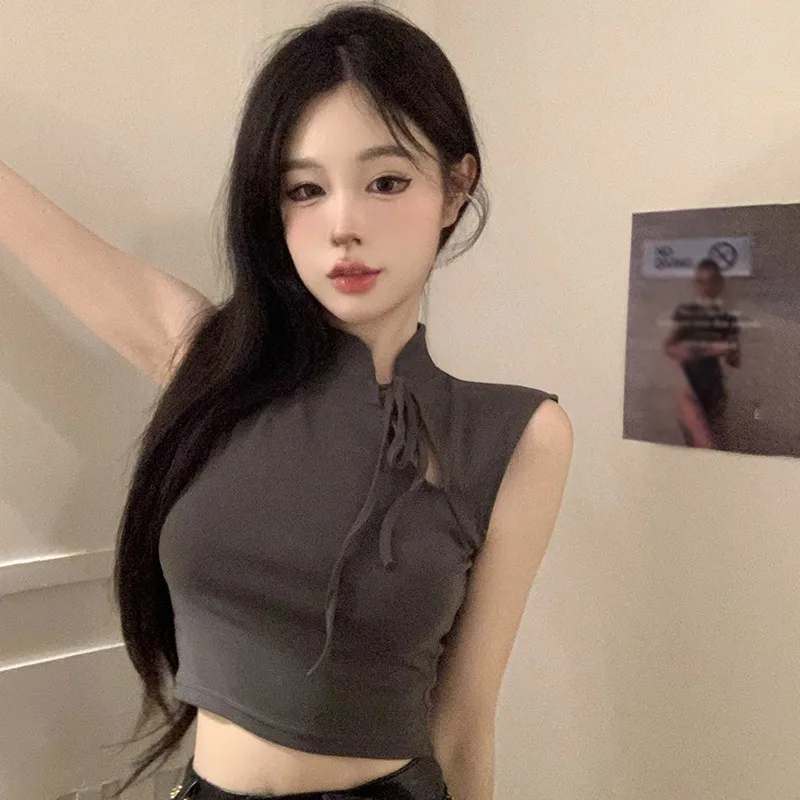 Girls' Korean Version Diagonal Neckline T-shirt Short Sleeved Hollow Out Lace Up Slim Fitting Sexy Navel Revealing Vest Top