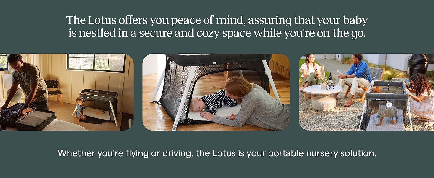 Lotus, a secure, cozy space for your baby to sleep while traveling. Your portable nursery solution.