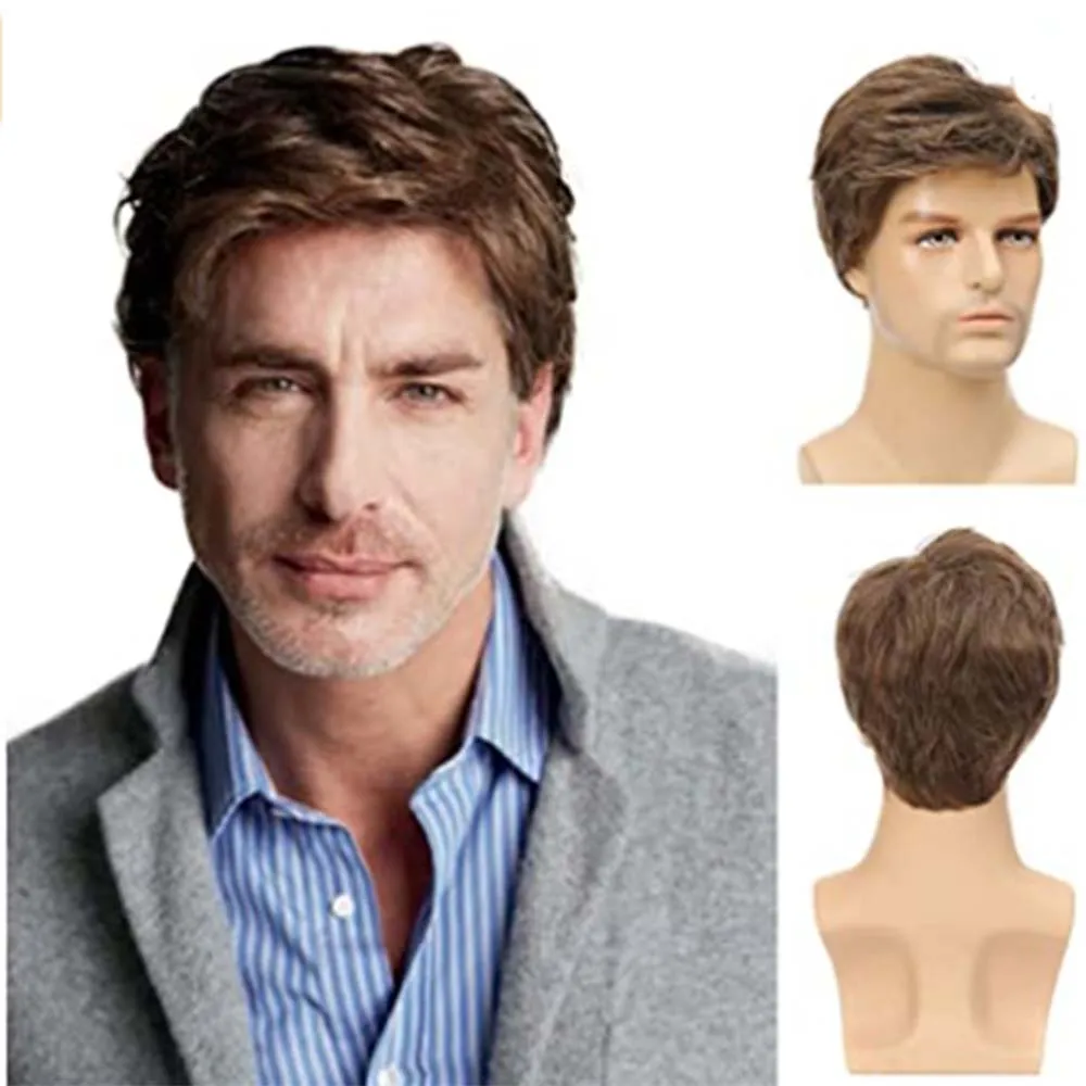 Men's Short Brown Wig Synthetic Hair Smooth Natural Pixie Cut Toupee Curly Heat Resistant Wigs For Male Men Black