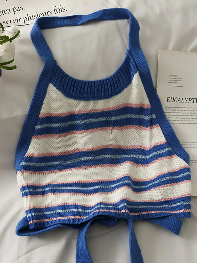HELIAR Top Women Stripes Crop Tops Knitted Halter Y2K Tops Backless Bandage Round Neck Strappy  Sexy Crop Tops Women Summer 2023