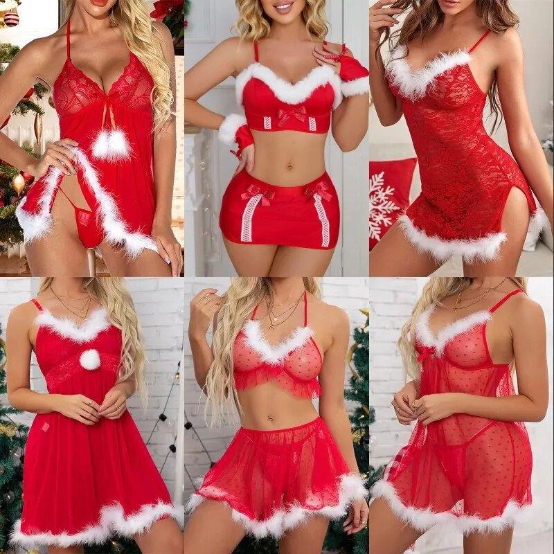 Sexy Lingerie Christmas Costumes Red Lace Plush Nightie Sleepwear For Women Cosplay Sex Underwear Erotic Babydoll Dress Gifts