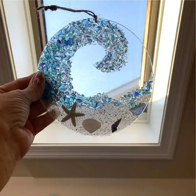 Sea Glass Suncatcher - Ocean Crashing Wave Beach Shells Ornament Acrylic Art Picture Office Home Decoration Christmas Gifts