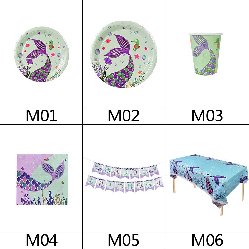 1Set Mermaid Party Disposable Tableware Napkin Plates Cups Banner Baby Shower Favor Girls Birthday Party Decoration