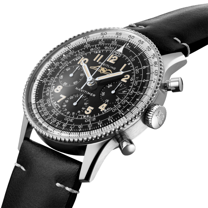 The Navitimer Ref. 806 1959 Re-Edition has been designed with painstaking attention to every detail to faithfully match the design of the original Navitimer in 1959. It has a stainless-steel case of precisely the same dimensions as its inspiration and an all-black dial with tone-on-tone small second, 30-minute and 12-hour chronograph counters. Recreating one of the signature elements of the original Navitimer Ref. 806 in 1959, the dial, protected by a highly-domed Plexiglas, is highlighted with a Breitling inscription in capital letters and an unsigned winged logo. In fact, the only concessions to modernity are the water resistance, which has been increased to 3 bar (30 meters), and a Super-LumiNova® coating for which a very special attention has been paid to the color to ensure that it aligns with the aging of the luminescent material on earlier watches. Its hand-finished application gives the dial an additional touch of vintage allure and all its character. The Navitimer Ref. 806 1959 Re-Edition is powered by the in-house Breitling Manufacture Caliber B09, a hand-wound COSC-certified caliber based on the renowned Breitling Caliber 01 and developed specifically for historical re-editions. The Navitimer Ref. 806 1959 Re-Edition is available on a black leather strap and as a limited-edition of 1959 pieces, all individually numbered and engraved on the caseback.