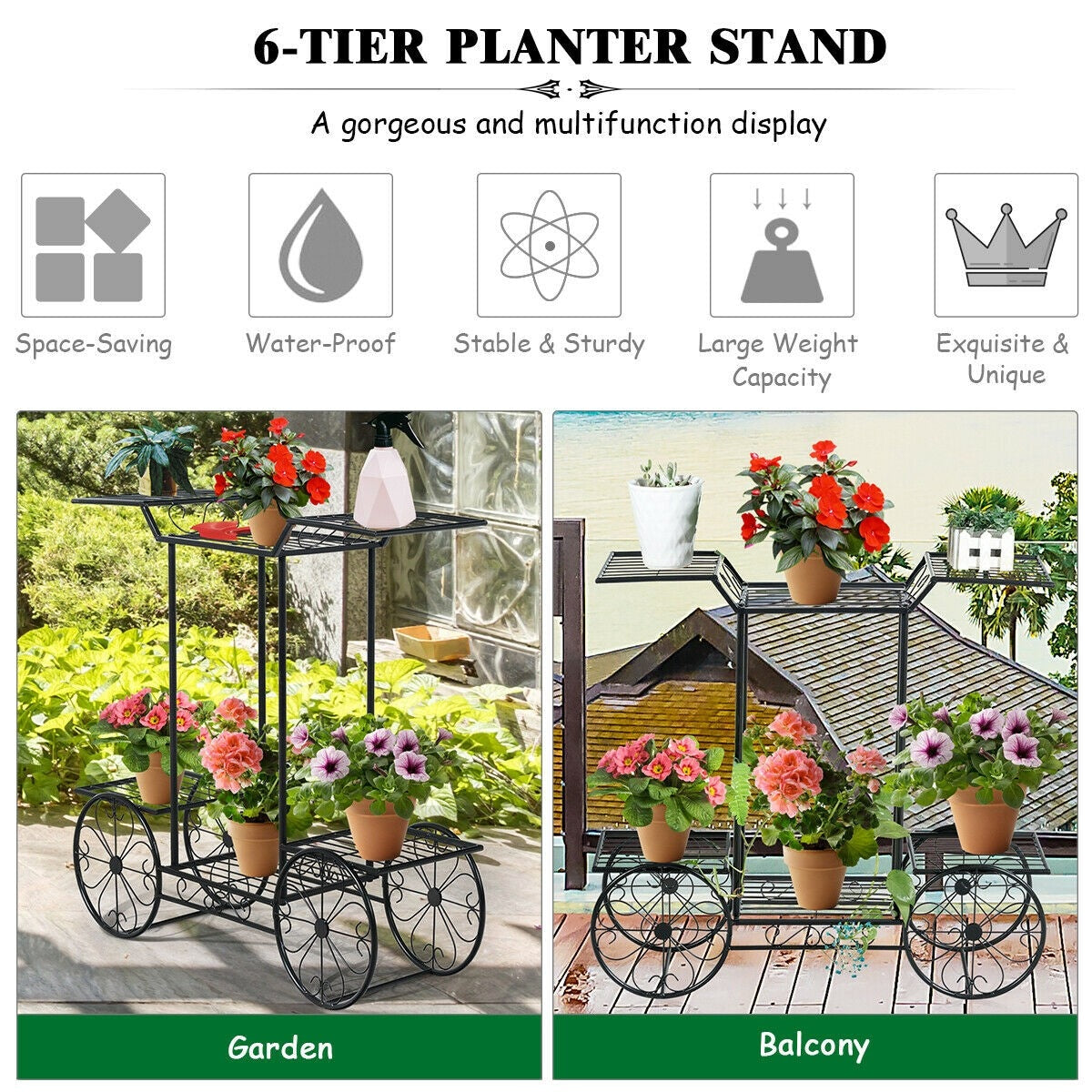 6-Tier Outdoor Garden Cart Metal Flower Rack Display Stand with 4 Wheels