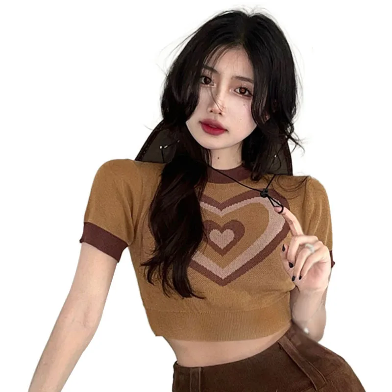 Summer Women's T-shirts Short Sleeve Ice Silk Slim Fit Jacquard Breathable Knitted Tops